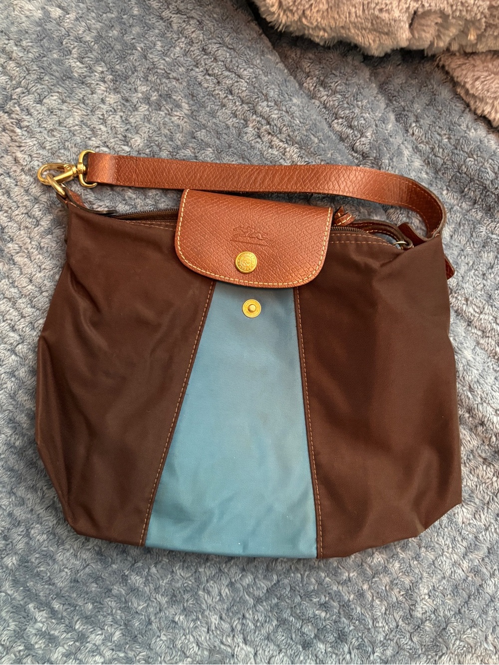 Longchamp Brown and Blue Nylon Shoulder Bag with Leather Trim
